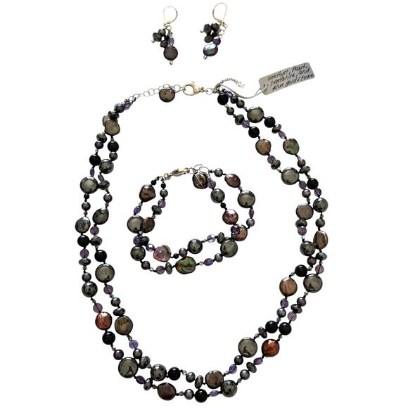 Artisan Amethyst Pearl Goldstone Hematite Sterling Parure Set New With Tag - Picture 1 of 13